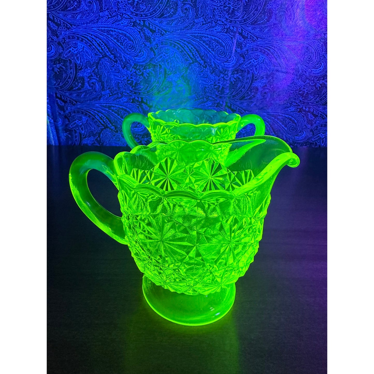 Vintage Vaseline daisy and buttons open sugar and creamer set by Degenhart glass co