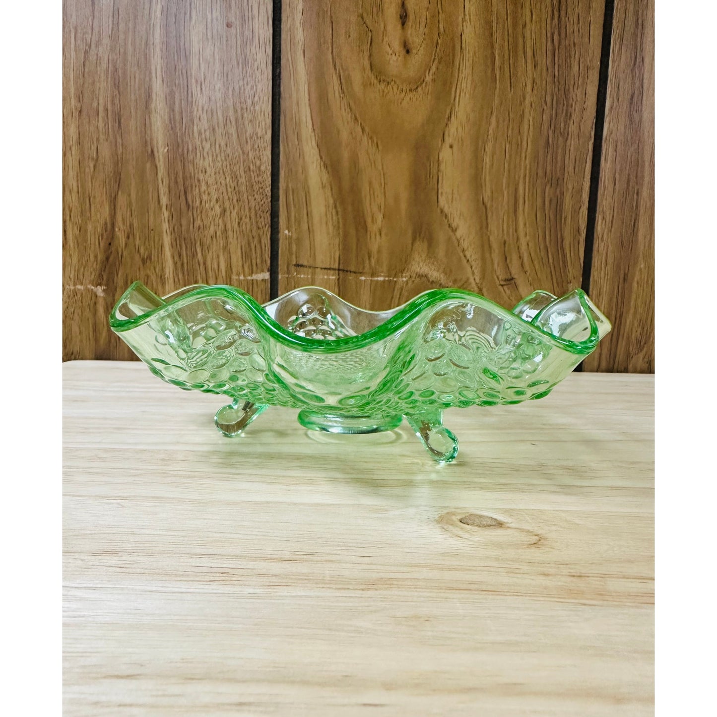 1932 Green by Fenton ruffled edge Hobnail Uranuim glass candy/trinket dish